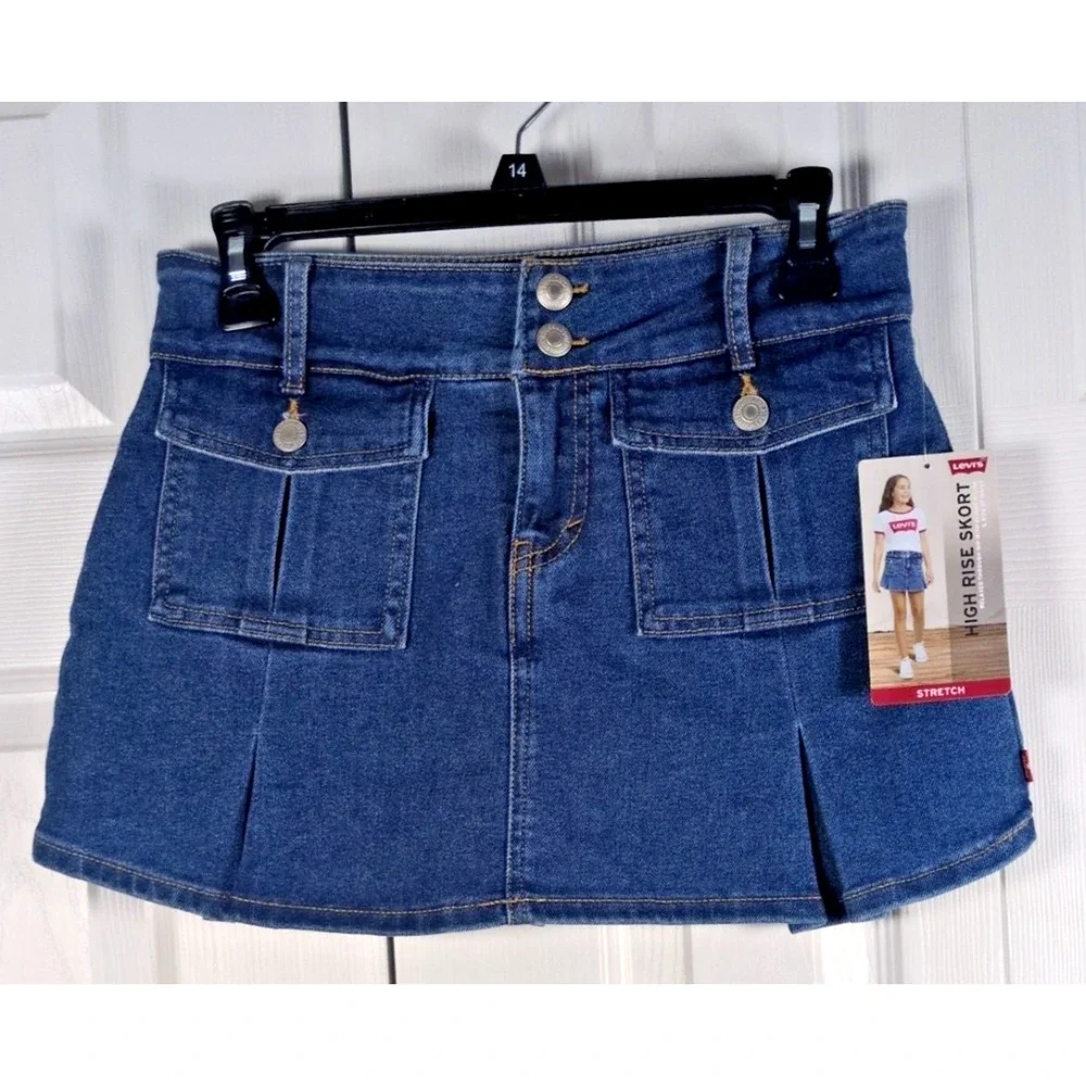 Levi's Girls High Rise Skort Size 14 Blue Denim Stretch Pleated A-Line Shorts NW
